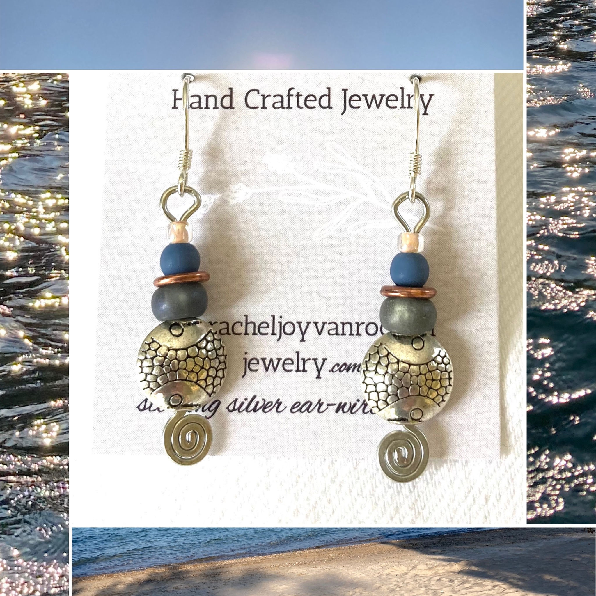 Embossed silver and frosted glass fish earrings