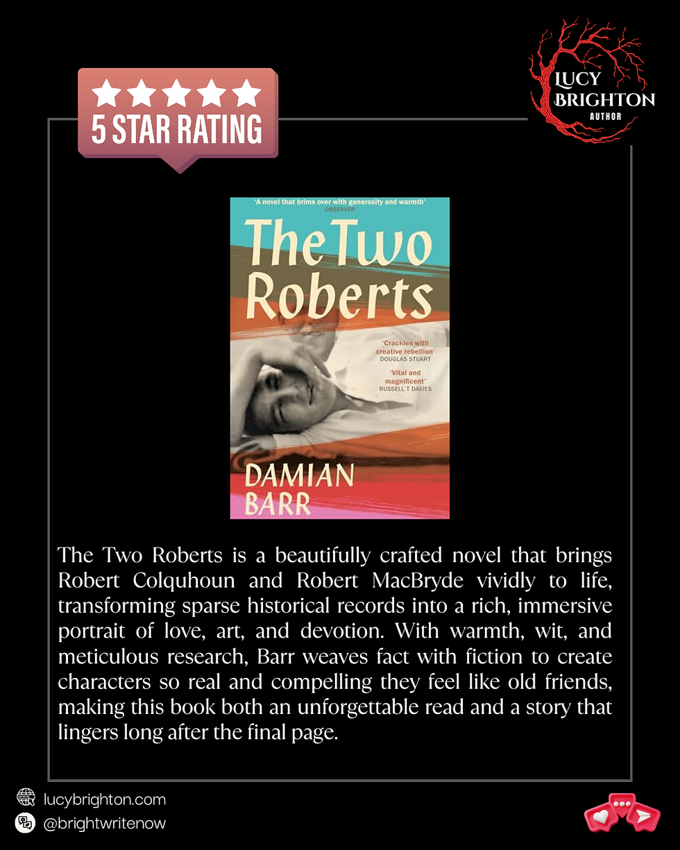 "The Two Roberts" by Damian Barr, shown with a 5-star rating badge. The book cover, review quote, and author website links are visible.
