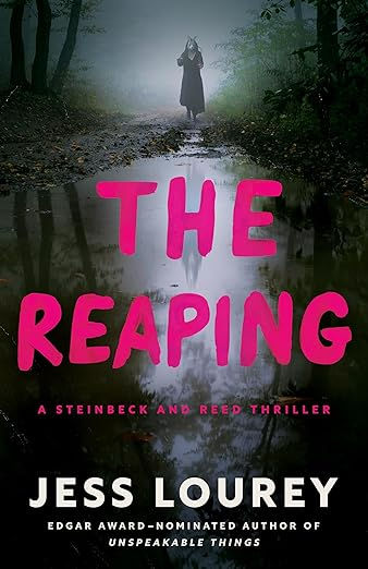 Dark wooded path with a silhouette of a person. "THE REAPING" in bold pink text, by Jess Lourey. Reflective water and ominous mood.