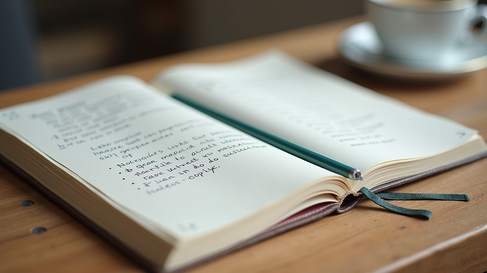 Close-up view of a beautiful notebook filled with writing prompts
