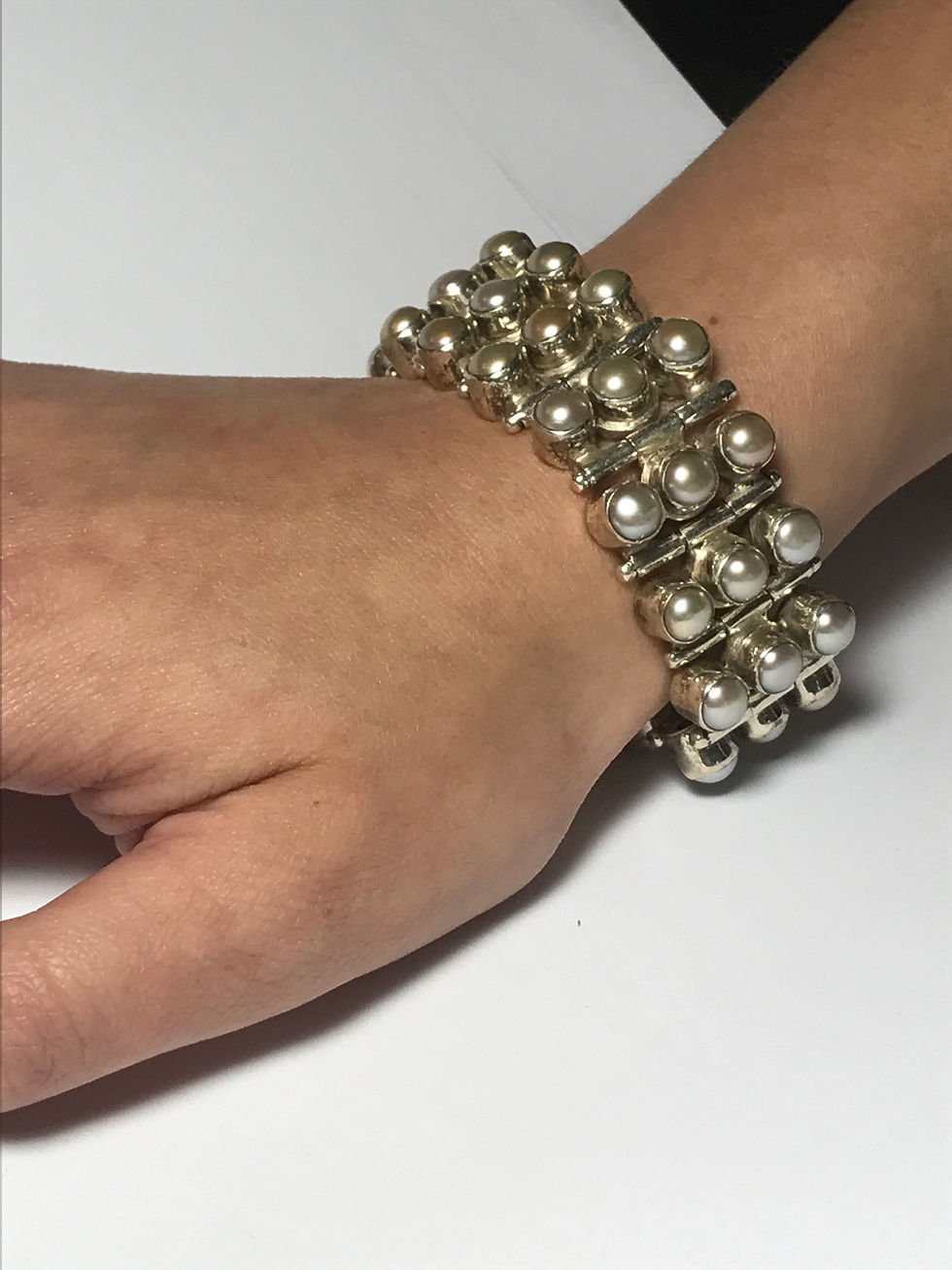 Thumbnail: 3 Row White Pearl Heavy Sterling Silver Hinged Bracelet