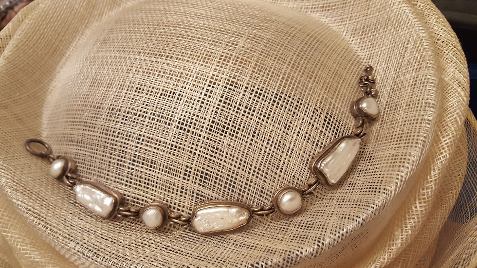 Designer White Biwa and Half Round Pearl Sterling Silver Bracelet