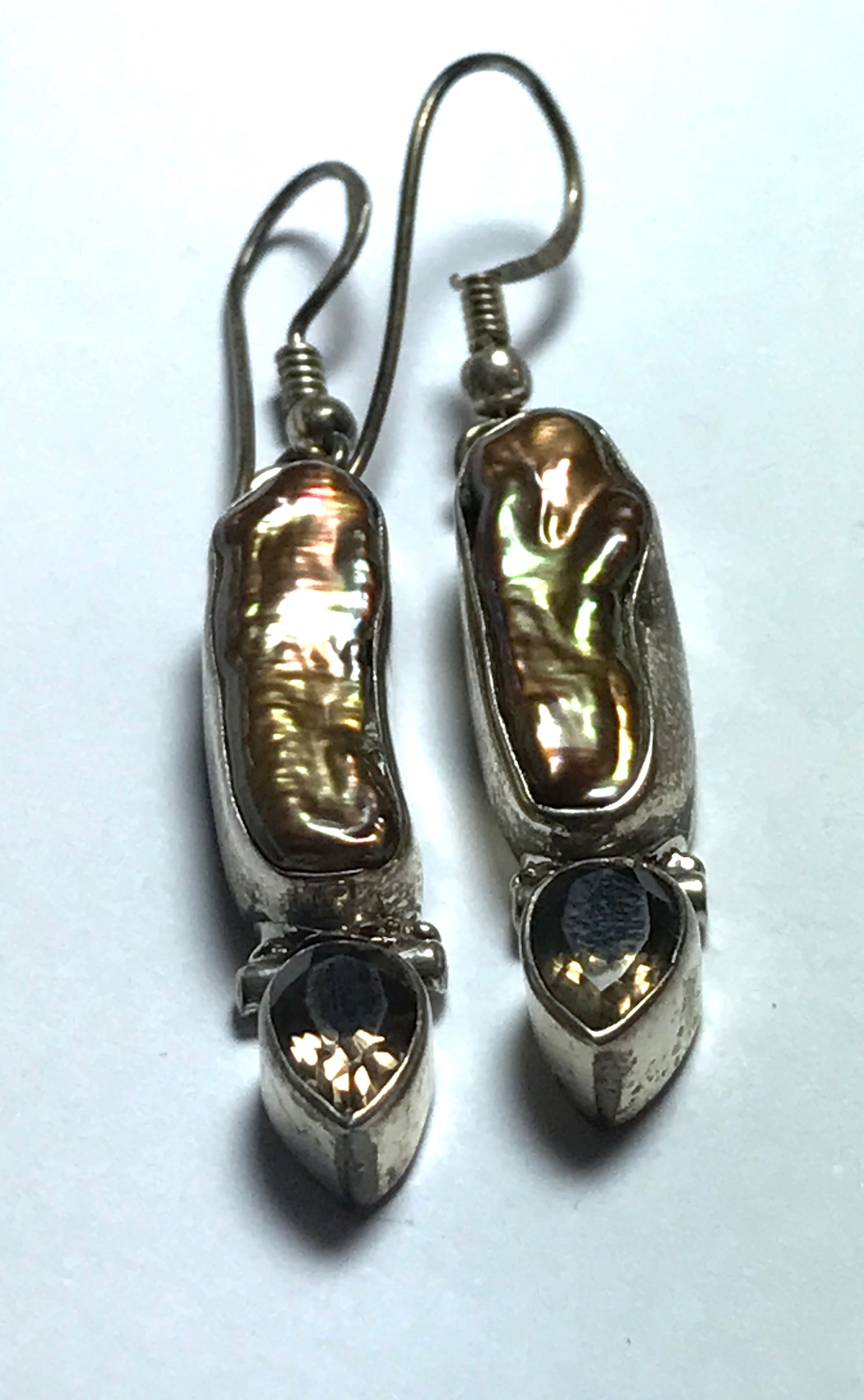 Peacock Biwa Stick Freshwater Pearl Sterling Earrings with Amethyst