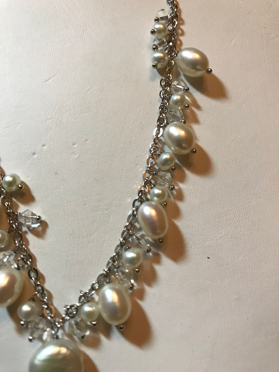 Thumbnail: Multi-Shaped White Freshwater Pearl Y Necklace with Dangling Crystals Sterling