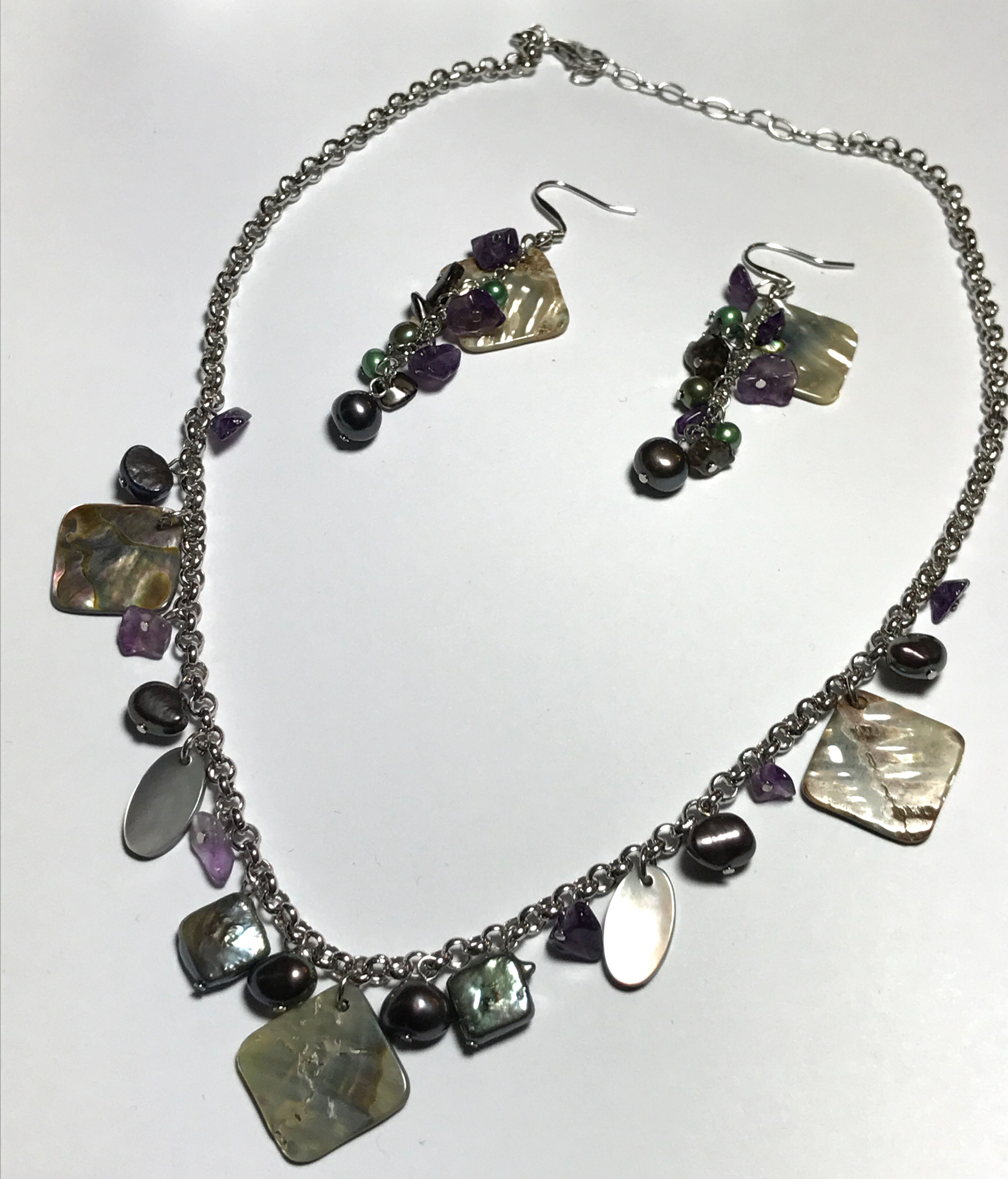 Peacock Black Freshwater Pearl, Abalone and Amethyst Nugget Set