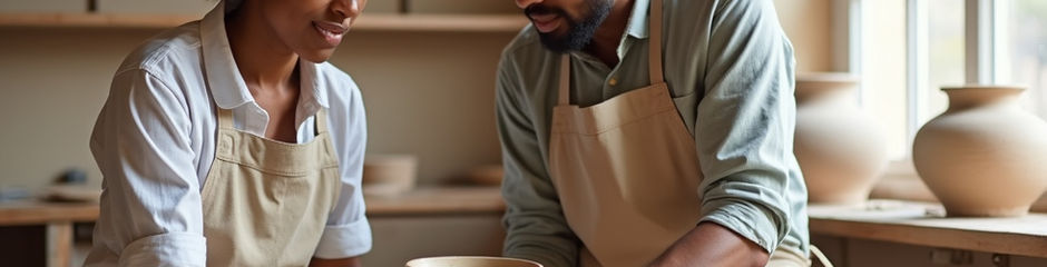 A couple shaping clay on a pottery wheel in a studio.
