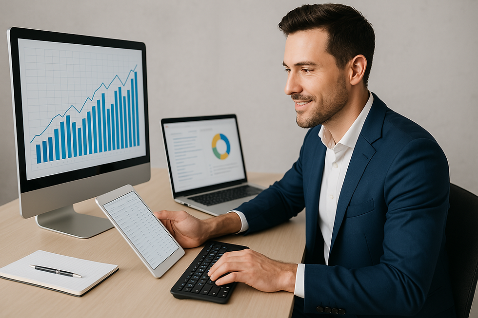 Consulente alla scrivania del suo ufficio con tre scermi del pc che mostrano òl'aumento dell'efficienza aziendale con i tool digitali