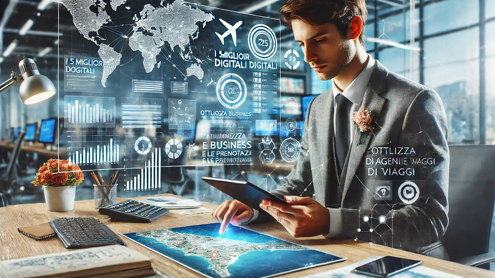 un'agenzia di viaggi moderna con un agente che utilizza strumenti digitali per la gestione delle prenotazioni