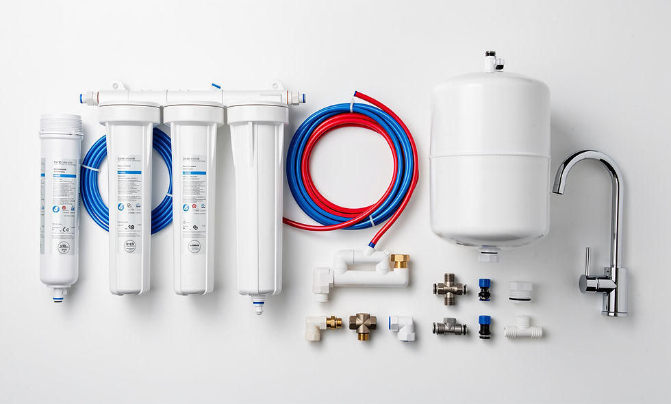 Disassembled reverse osmosis system components laid out in sequence