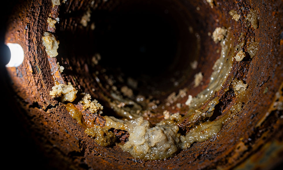 Interior of corroded pipe showing rust scale and biofilm