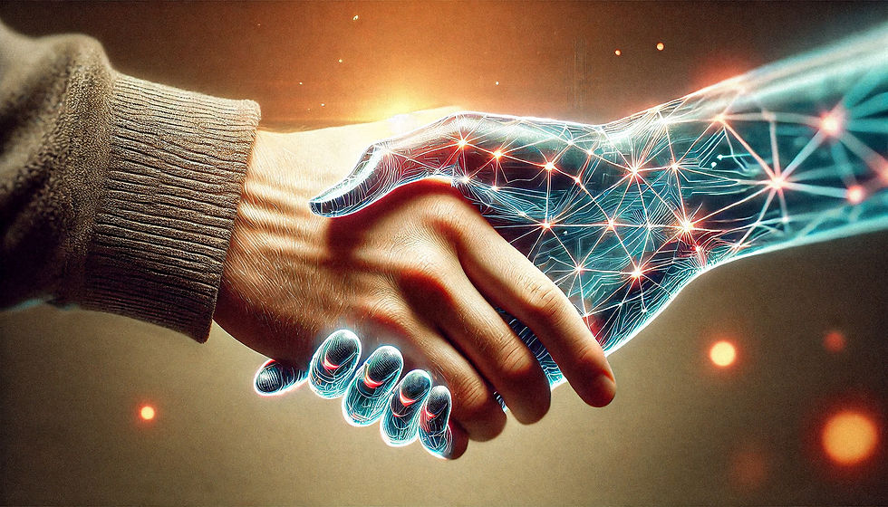A human hand shaking hands with an AI hand. The human hand is warm and natural, while the AI hand is more abstract, composed of geometric shapes, holographic surfaces, and neon lines to give a futuristic and digital feel. The image symbolizes the harmony between human creativity and advanced AI technology. The background should be subtle and soft, emphasizing the handshake.