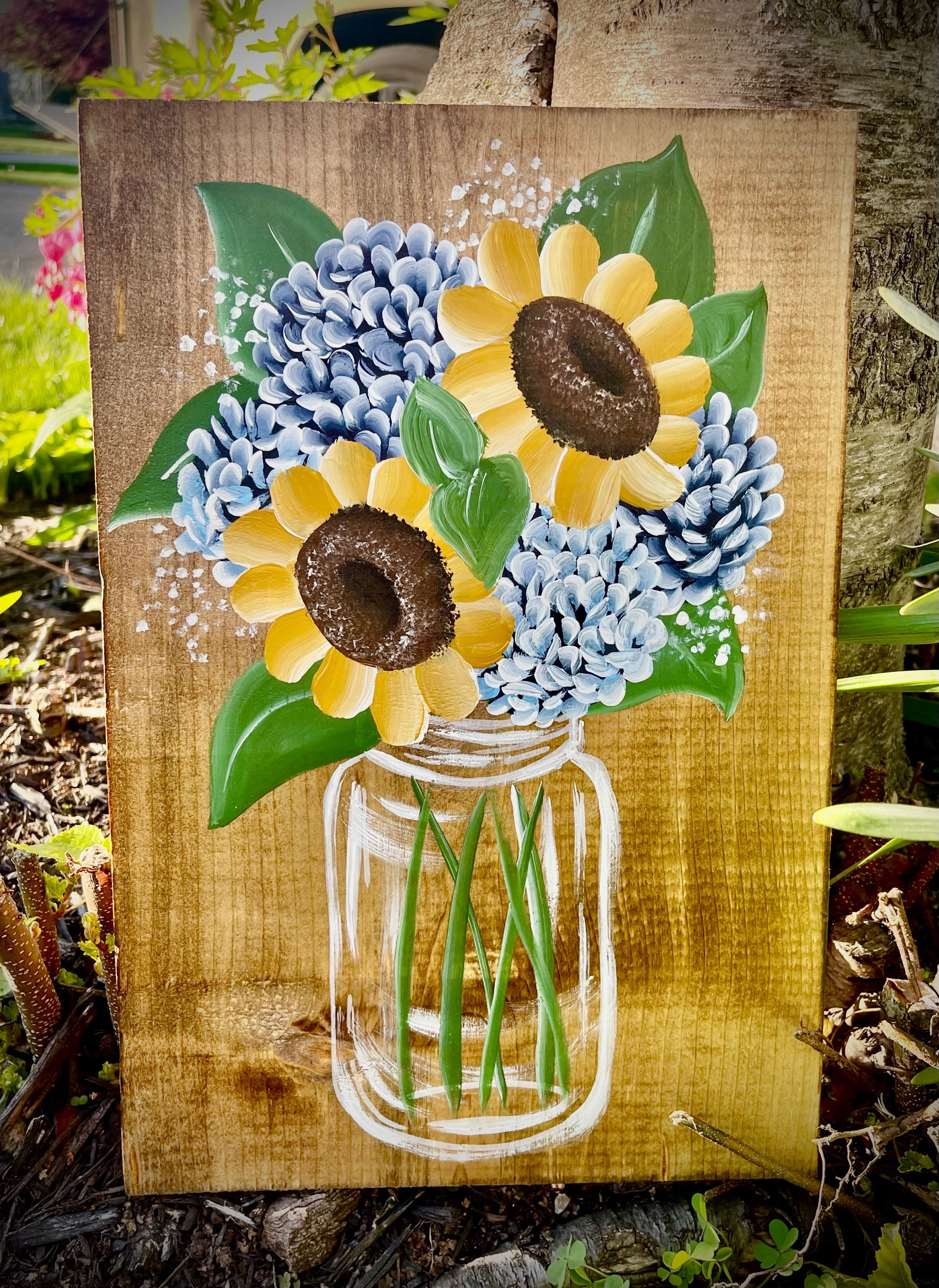 Sunflower & Hydrangeas Mason Jar Painting