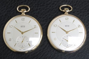 Thumbnail: Stunning Rare Pair of Vertex Solid 9ct Gold Pocket Watches c1964