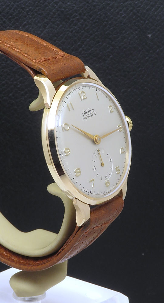 Thumbnail: Museum Quality Unworn Solid 9ct Gold Trebex Box Paper Buckle Strap Full Set 1954