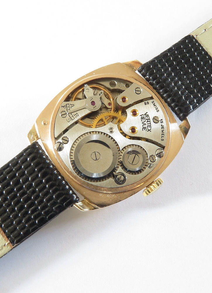 Thumbnail: Mint Solid 9ct Gold Cushion Case Mens Watch by Vertex c1957