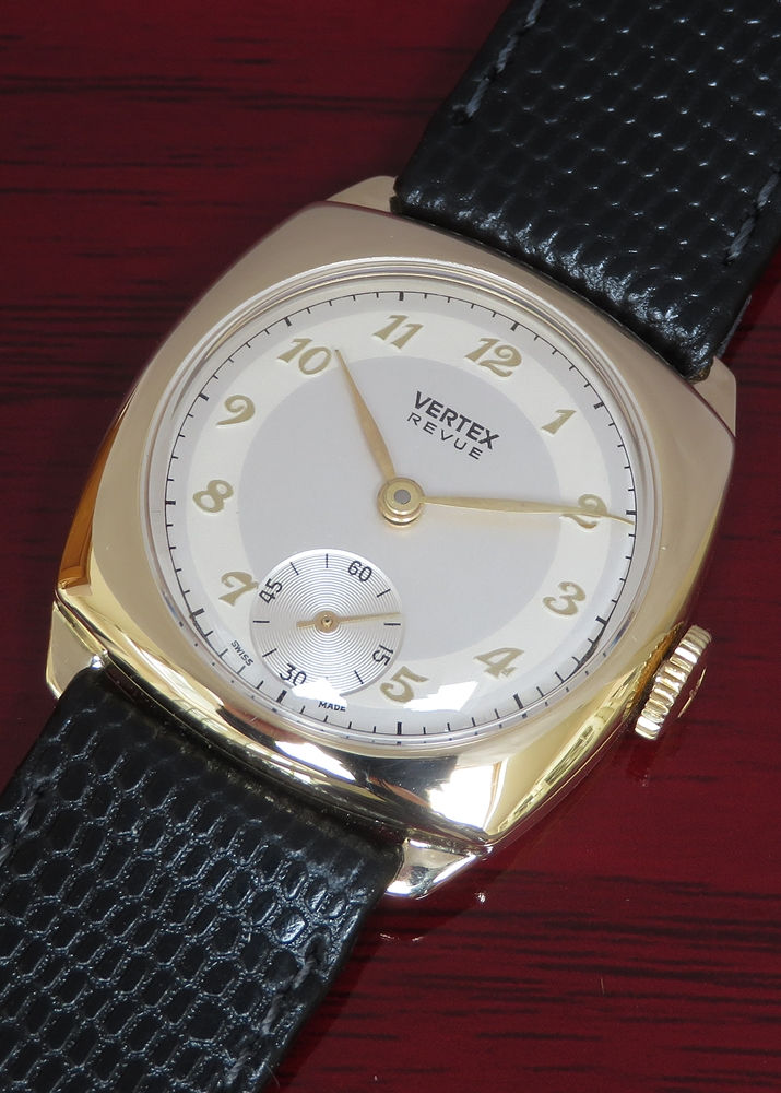 Thumbnail: Mint Solid 9ct Gold Cushion Case Mens Watch by Vertex c1960