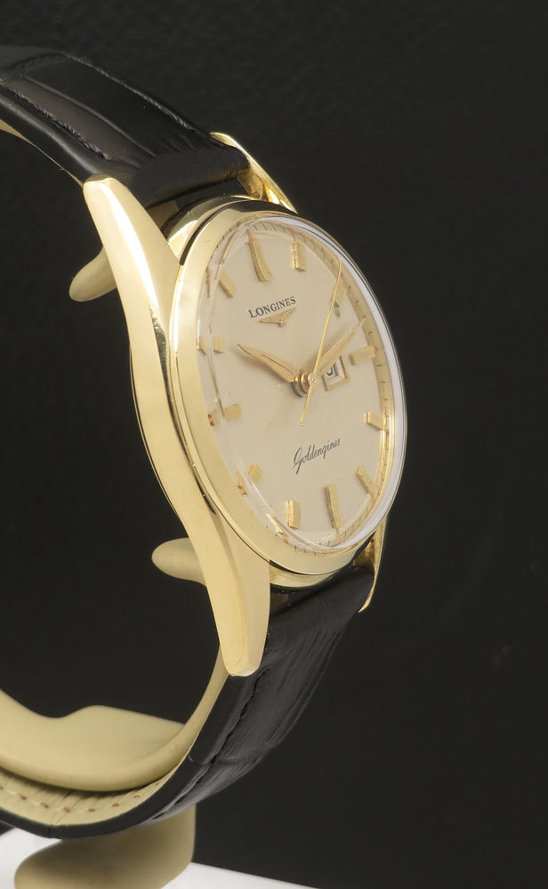 Thumbnail: Extremely Rare Solid 18ct Gold Longines Goldengines gents watch c1956