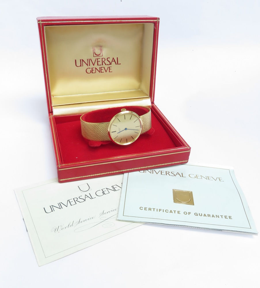 Thumbnail: Solid 18ct Gold Universal Geneve Slimline Dress Watch with Box and Papers c1965
