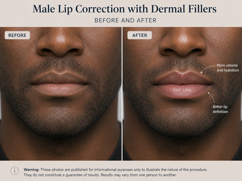 Before and after dermal filler treatment for male lip correction and definition