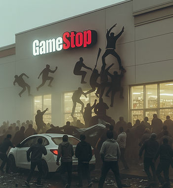 Chaotic crowd scene outside a GameStop store, with people climbing the walls and swarming a white car, humorously exaggerating the hype around a GTA 6 midnight release.