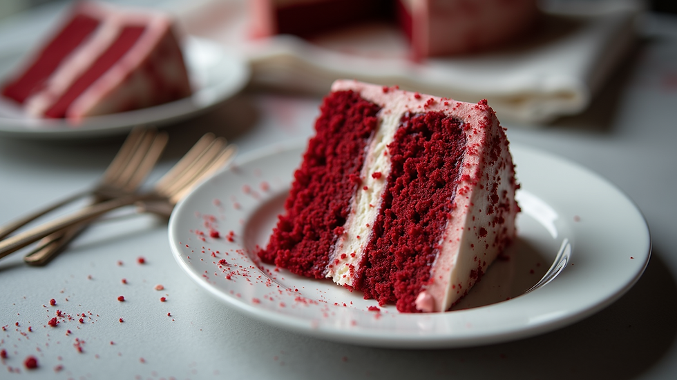Close-up view of a slice of gluten-free red velvet cake with cream cheese frosting