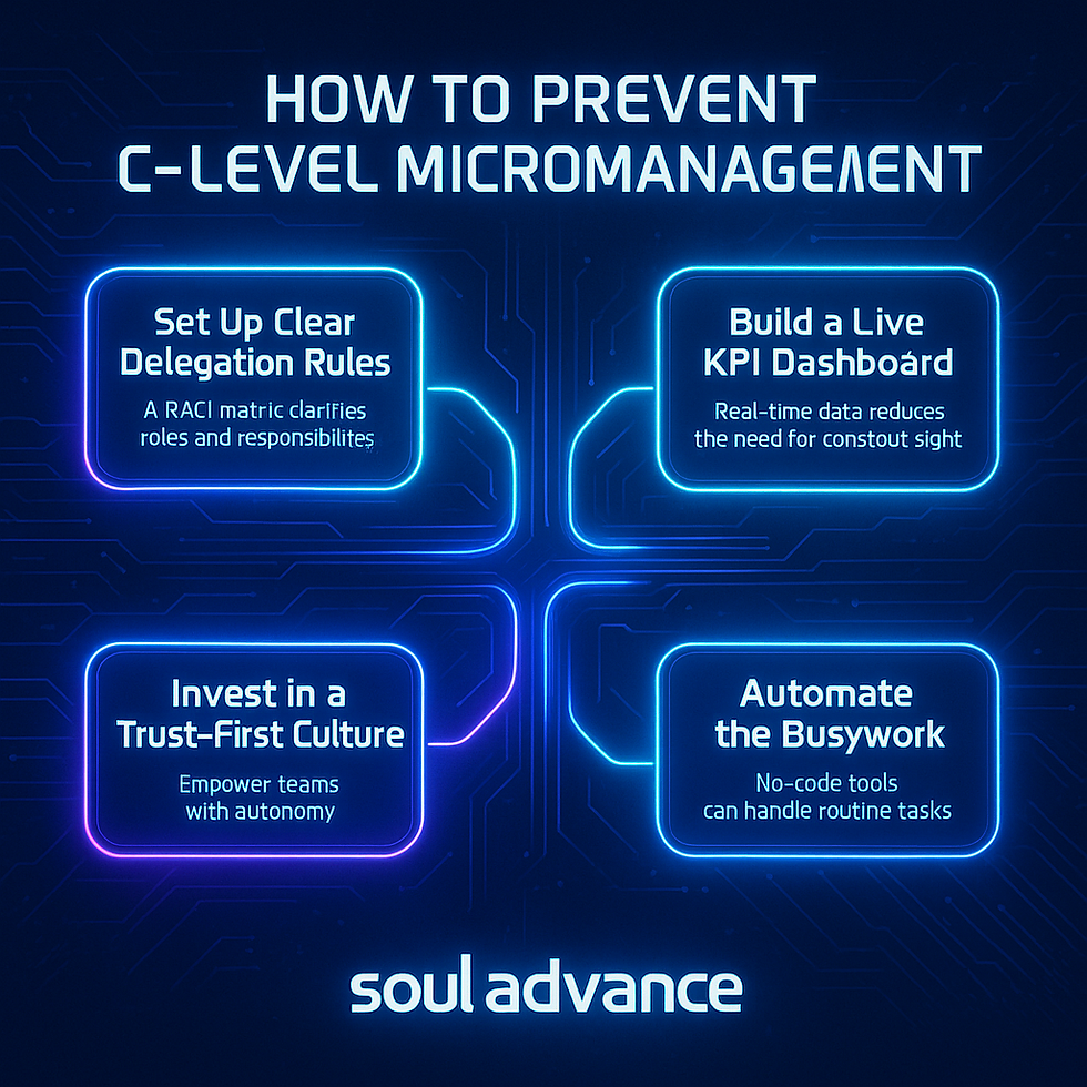 Blue infographic on preventing C-level micromanagement with sections on delegation, KPI dashboards, trust, and automation. Text: "soul advance."
