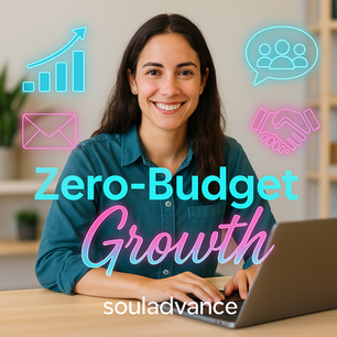 Smiling person at laptop with neon icons of graph, email, people, and handshake. Text: Zero-Budget Growth, souladvance. Bright and engaging.