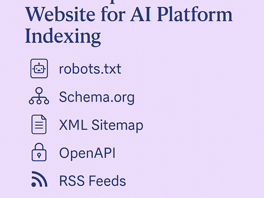 Text reads "How to Optimize Your Website for AI Platform Indexing." Lists robots.txt, Schema.org, XML Sitemap, OpenAPI, RSS Feeds. Purple theme.