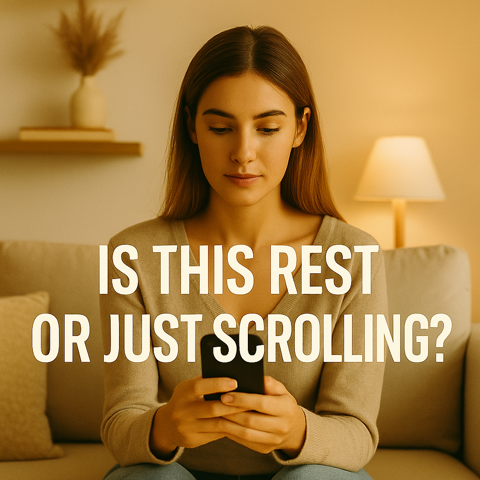 A young woman sitting in a softly lit room, holding her phone with a thoughtful expression. The scene captures a quiet moment of digital fatigue, reflecting on the emotional impact of constant screen time and social media scrolling. Text on the image reads: “Is This Rest or Just Scrolling?”.