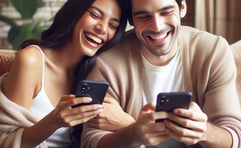 Happy couple laughing, looking at phones