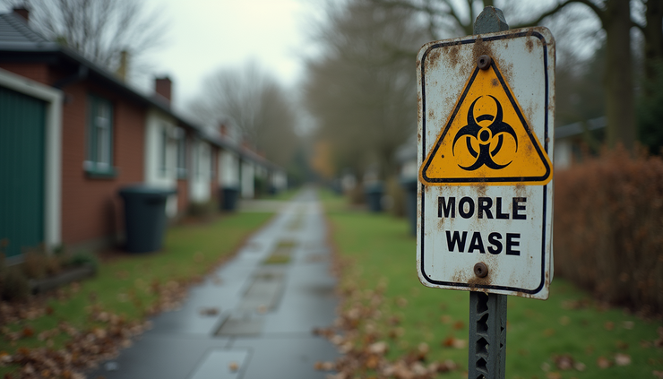 Eye-level view of a contaminated residential property with visible hazardous waste signs