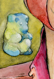 Détail d'un dessin érotique réalisé à l’aquarelle. Nounours gélifié multicolore vu de trois-quart doté d'un gros membre viril entre les pattes postérieures.