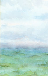 Aquarelle de paysage marin où les vagues de couleur verte se confonde avec le ciel qui tend vers le mauve à l'horizon.