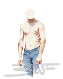 Dessin numérique en cours d'exécution représentant un jeune homme torse nu et vêtu d'un jeans avec le troisième essai de couleur sur le torse et le jeans dans une version contrastée
