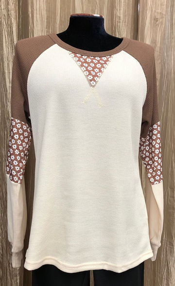 photo of a Floral Print details in brown and cream long sleeve tee.