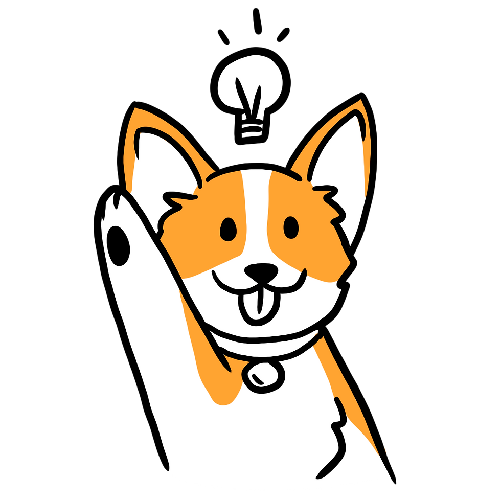 Creative illustration of a corgi raising its paw, symbolizing curiosity and innovative dog training ideas, pointing to inform
