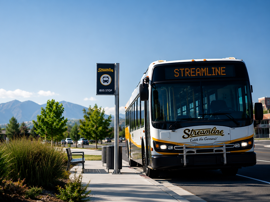 Streamline bus at bus stop, mountains behind