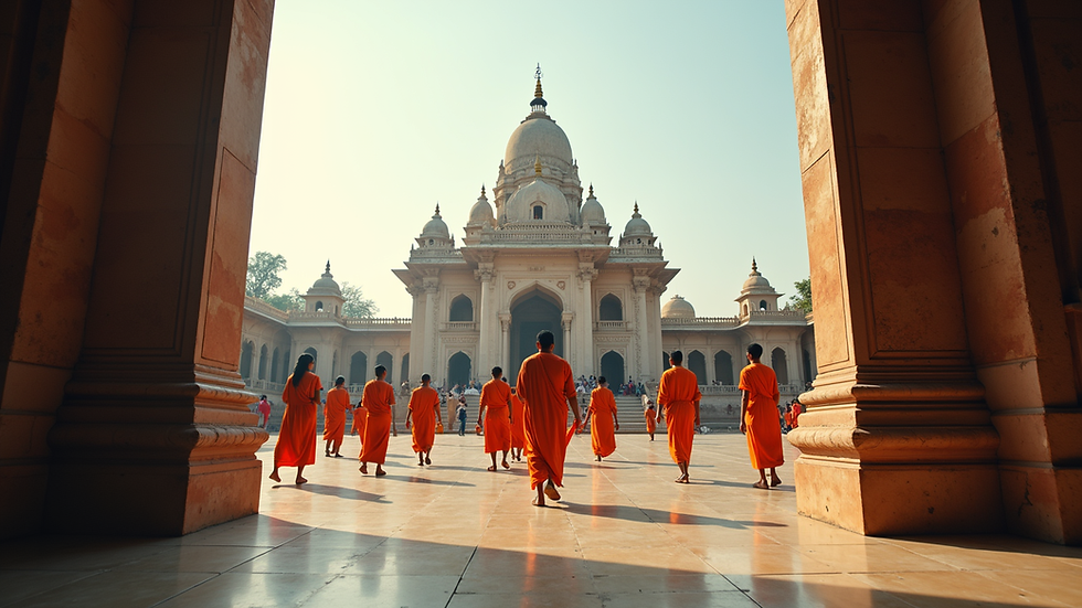 Eye-level view of temple entrance with devotees walking towards it
