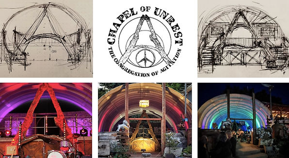 Montage of pictures featuring initial sketches of the Chapel of Unrest, plus the Chapel in different coloured settings at night with coloured lights