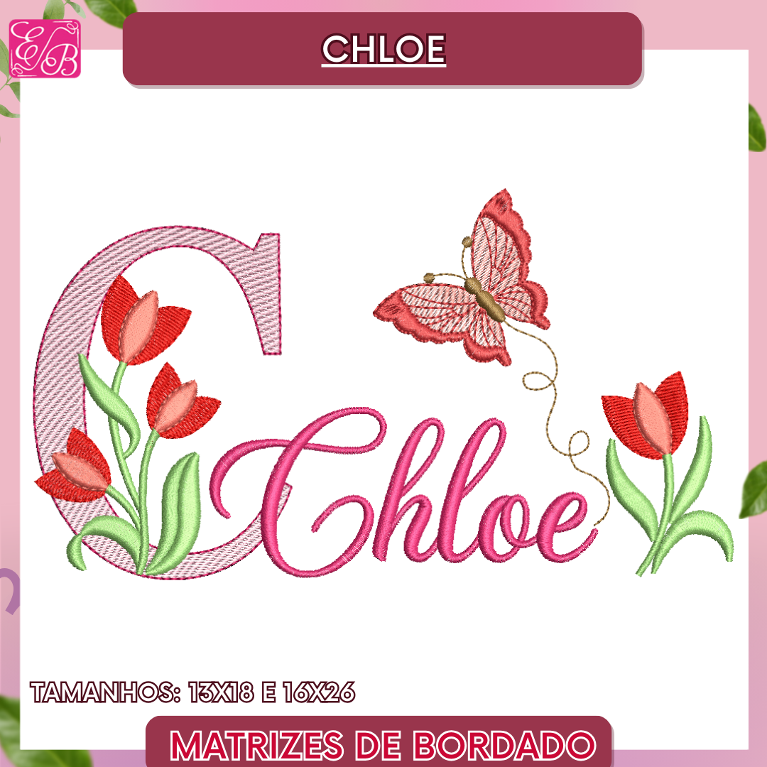 Chloe sobreposto com tulipas