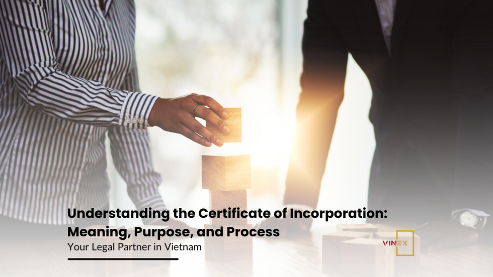 Two business professionals stack wooden blocks together under sunlight, symbolizing building a company foundation and legal incorporation in Vietnam.