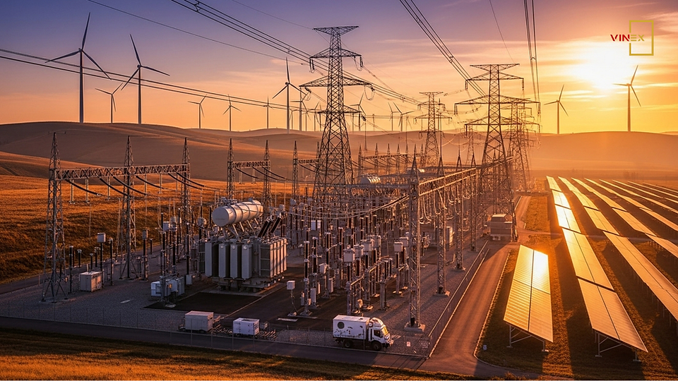 Hybrid solar and wind power plant with high-voltage transmission grid, illustrating key national energy programs Vietnam toward net-zero 2050.
