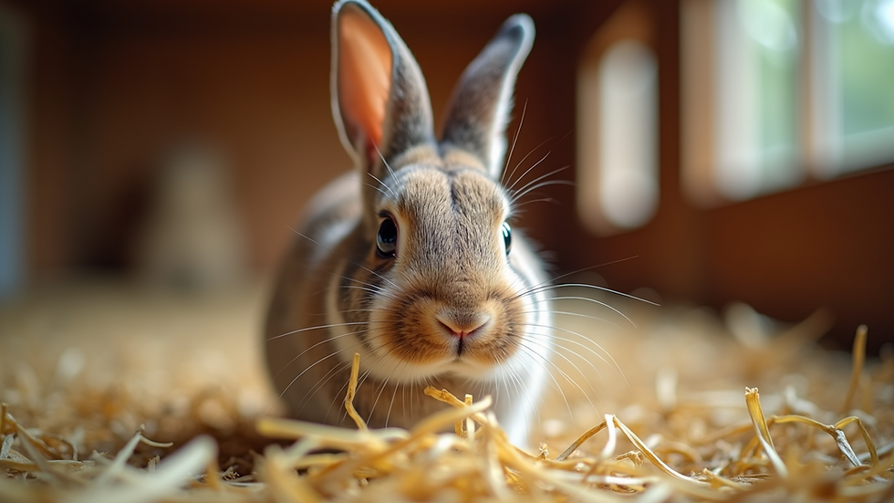 Eye-level view of a young rabbit happily eating hay in a cozy indoor pen