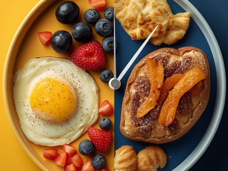 Piatto a forma di orologio diviso a metà con colazione salata e dolce: uovo al tegamino con frutti di bosco da un lato, pancake e pastry dall’altro, simbolo del timing dei pasti e del cronotipo.