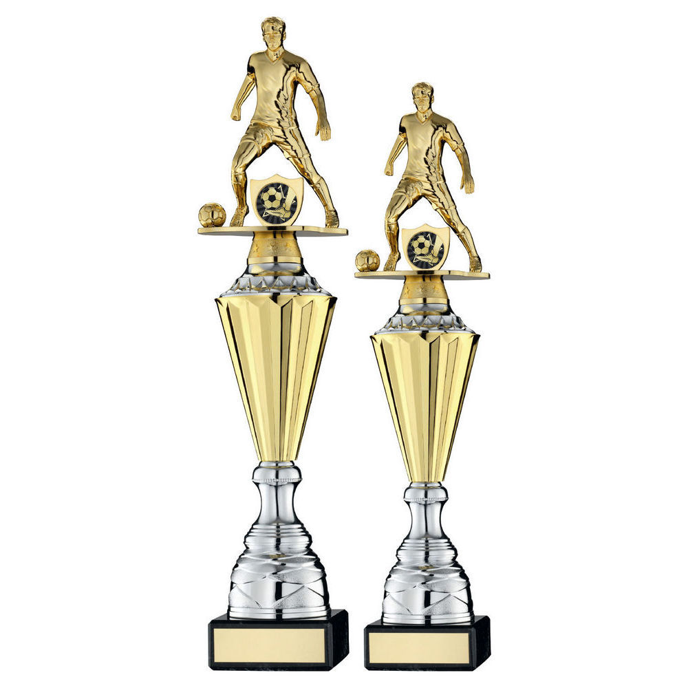 GOLD PLASTIC MALE FOOTBALL FIGURE ON GOLD/SILVER TROPHY
