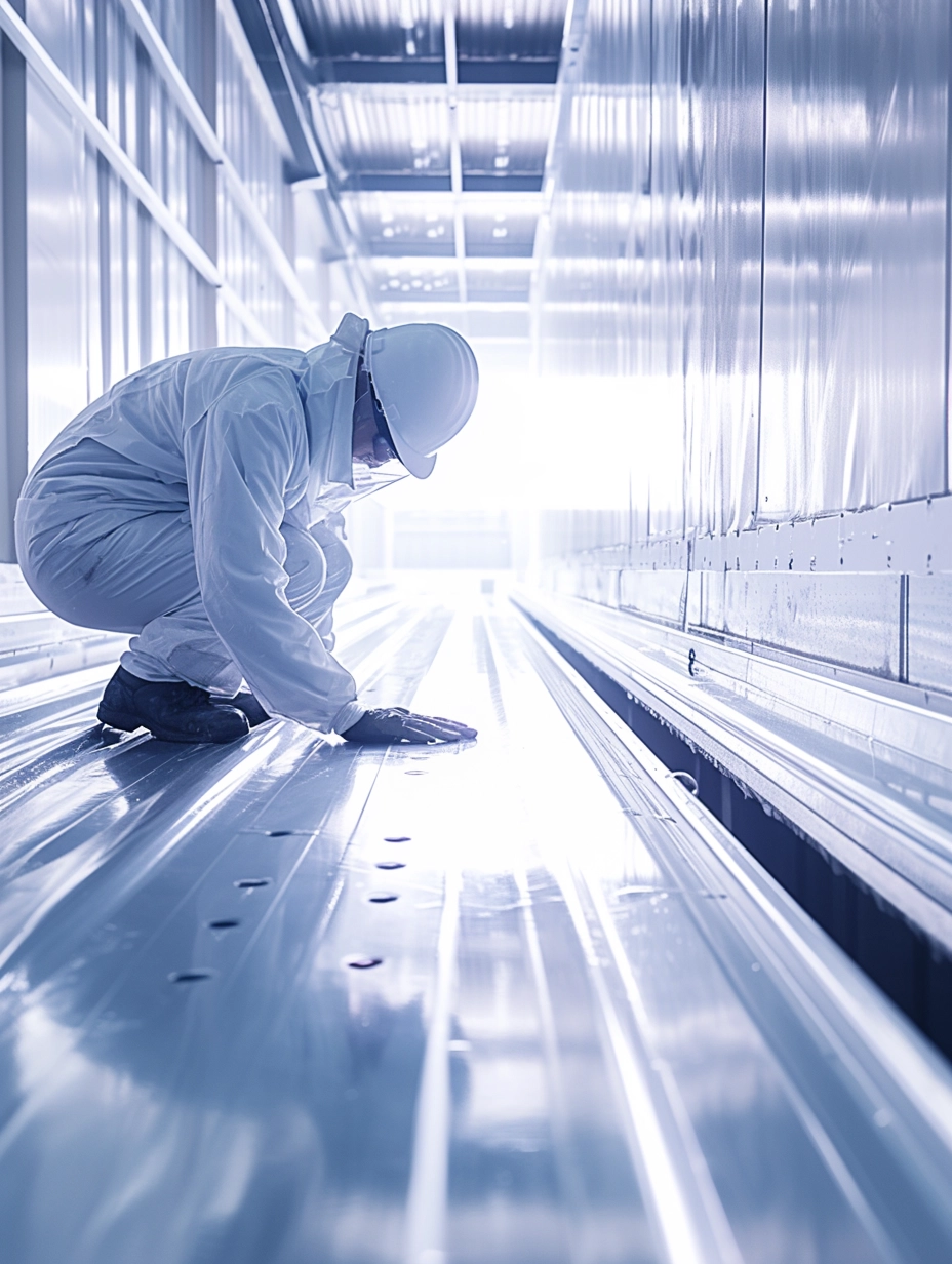 Técnico inspeccionando la aplicación de imprimación sintética sobre una superficie metálica industrial, asegurando la calidad de adherencia y protección anticorrosión.