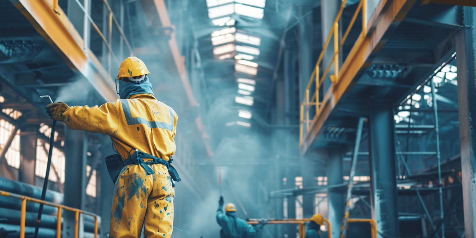 Industrial workers applying high-tech epoxy paint to metal structures inside a huge steel factory, showing resistance to heat and abrasion
