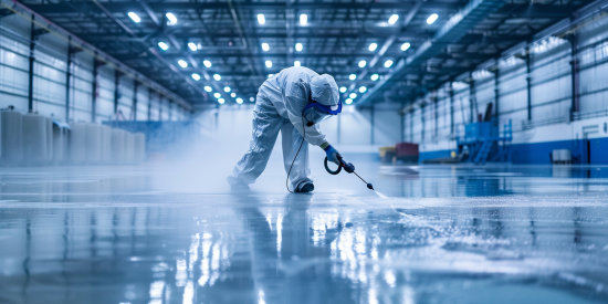 Profissional aplicando tinta epóxi em pisos