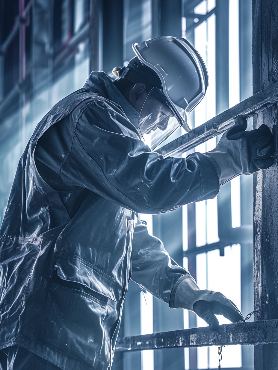 Trabajador que aplica imprimación sintética a una estructura metálica en un entorno industrial, centrándose en la precisión y la técnica de aplicación.