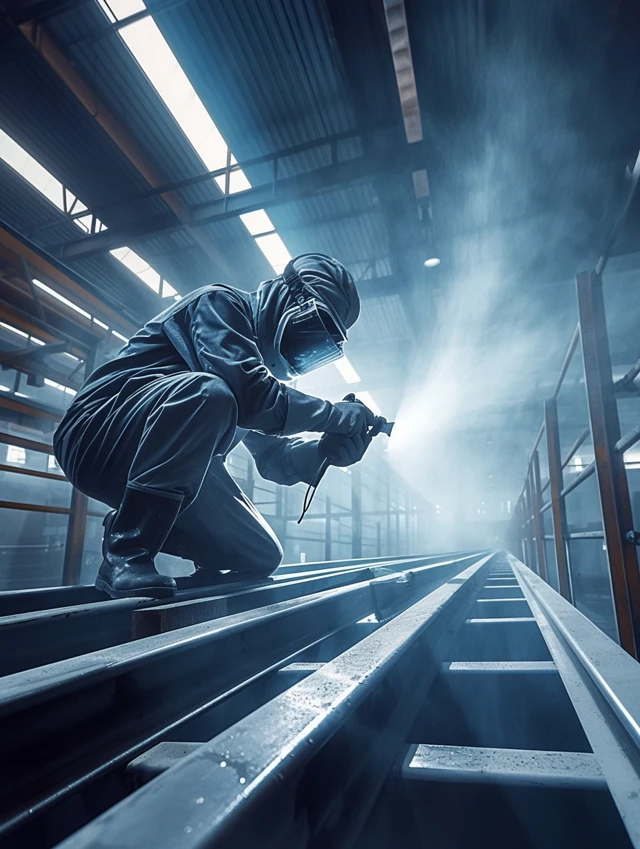 Aplicação de primer sintético em uma estrutura metálica dentro de um galpão industrial, com trabalhador utilizando equipamento de proteção.